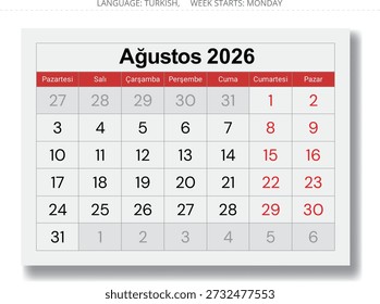 Calendario turco de agosto de 2026. Página de Ilustración vectorial para Turkey
