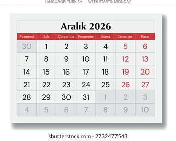 Calendario turco de diciembre de 2026. Página de Ilustración vectorial para Turkey
