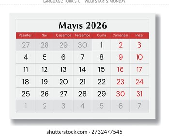 Calendario de mayo turco de 2026. Página de Ilustración vectorial para Turkey
