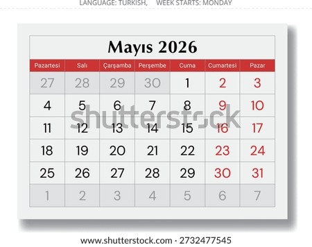 2026 Turkish May calendar. Vector illustration page for Turkey
