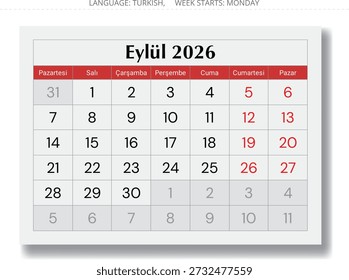 Calendario turco de septiembre de 2026. Página de Ilustración vectorial para Turkey
