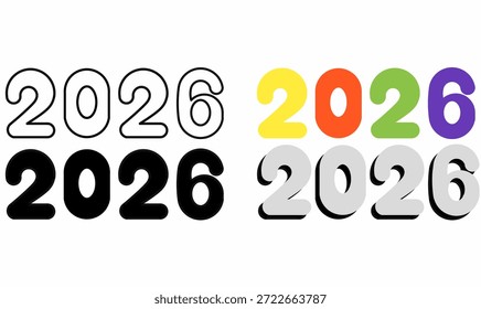 2026 Typografie Nummer Symbol-Set zeigt Umriss, Silhouette, bunt, und weichen Schatten. Numerisches Jahresdesign für Kalender, Neujahr, Poster, Banner, Branding- und Grafikprojekte, Design
