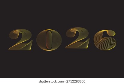 2026 Typography Vector Design with Modern Line Art Style and Vibrant Yellow-Orange Gradient on Dark Background for New Year Holiday Banners and Greetings