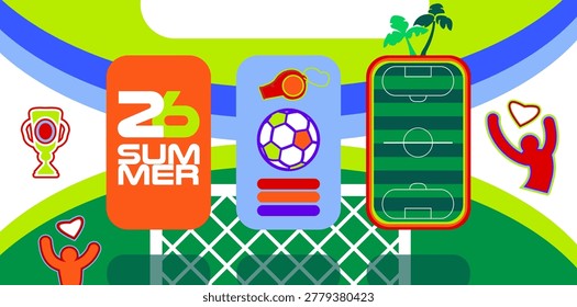 2026 vector abstract design dynamic background with football symbols and icons, soccer ball, players, field, goal, cup, football whistle and other sports equipment for games, symbol buttons shape vibrant color for business illustration sports kids camp cards invitation banners flyers, travel banner, brochure cover wallpaper, graduation, postcard announcement, activity people concept, web site, landscape simple flat texture social media template
