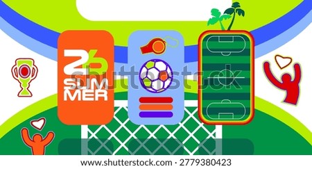 2026 vector abstract design dynamic background with football symbols and icons, soccer ball, players, field, goal, cup, football whistle and other sports equipment for games, symbol buttons shape vibrant color for business illustration sports kids camp cards invitation banners flyers, travel banner, brochure cover wallpaper, graduation, postcard announcement, activity people concept, web site, landscape simple flat texture social media template