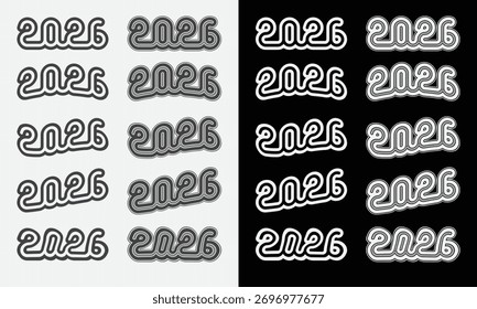 colección gráfica de Vector 2026 con 6 estilos tipográficos distintos y modernos: burbuja, guion, groovy retro y grunge. Perfecto para diseños de eventos de Nuevo año y futuros.