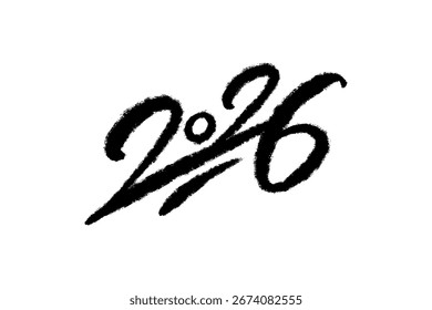 2026 design de tinta desenhado à mão vetor para cartaz de Ano Novo Feliz. Composição horizontal minimalista números gráficos estilo oriental 2026. Modelo de design de folheto, cartão, banner.