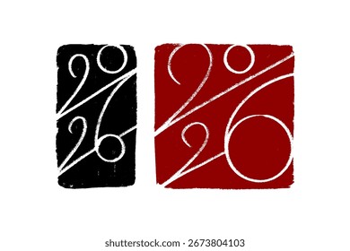 2026 vector hand-drawn numbers compositions on stamp-like backgrounds. 2026 number design templates. Happy new year oriental style minimalistic concept for greeting materials.