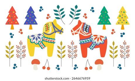 2026 Vector illustration set of flowers and Dalarna horse