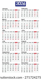Diseño de calendario de año completo de Vertical 2026 con secciones mensuales claras, aspectos destacados de las vacaciones y diseño imprimible