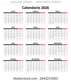 2026 vertical spanish calendars. Calendario. Printable vector illustration for Spain. 