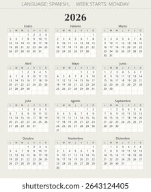 2026 calendários verticais espanhóis. Calendário. Ilustração vetorial para Espanha. 
