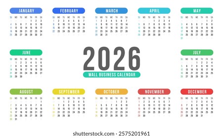 2026 Wall Business Calendar, Bright On Page Design with Colorful Monthly Headers, Annual Planner for Office and Home, Editable and Printable