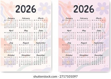 2026 Wall Calendar Design with Soft Pastel Abstract Background and Clear Date Layout