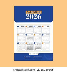 Calendario de pared 2026 Plantilla, A3, Vector editable EPS, Profesional azul y oro Calendario Corporativa imprimible
