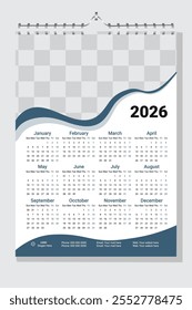 2026 wall calendar template, week starts Monday, Corporate 12 month wall calendar 2026 schedule. Print Ready One Page wall calendar template design for 2026