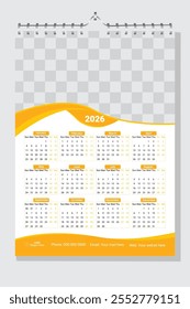 2026 wall calendar template, week starts Monday, Corporate 12 month wall calendar 2026 schedule. Print Ready One Page wall calendar template design for 2026