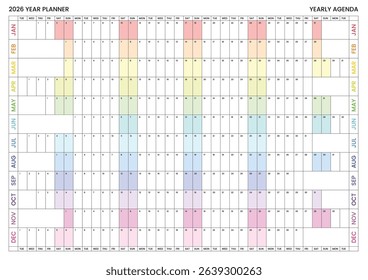 2026 Wall Planner, Printable Calendar, Family Calendar, Aligned weekends, 2026 Year Planner A1 A2 A3 Planner, School Planner, Linear, Horizontal, Rainbow