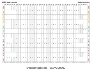 2026 Wall Planner, Printable Calendar, Family Calendar, Aligned weekends, 2026 Year Planner A1 A2 A3 Planner, School Planner, Linear, Horizontal, Rainbow