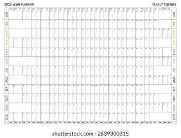 2026 Wall Planner, Printable Calendar, Family Calendar, Aligned weekends, 2026 Year Planner A1 A2 A3 Planner, School Planner, Linear, Minimalistic, Horizontal, Rainbow