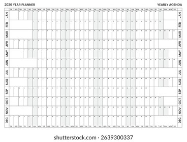 2026 Wall Planner, Printable Calendar, Family Calendar, Aligned weekends, 2026 Year Planner A1 A2 A3 Planner, School Planner, Linear, Grey, Horizontal