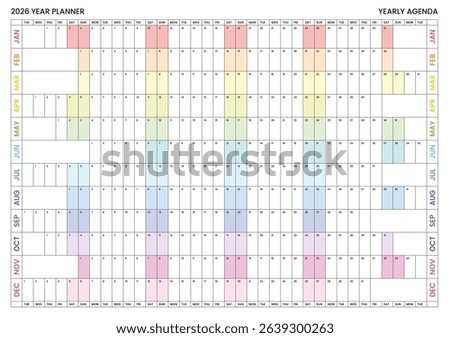 2026 Wall Planner, Printable Calendar, Family Calendar, Aligned weekends, 2026 Year Planner A1 A2 A3 Planner, School Planner, Linear, Horizontal, Rainbow