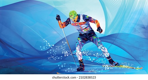 The 2026 Winter Olympics  2026, XXV Olympic Winter.The polygonal colourful triangles figure of a young man skier with on a blue background. Vector illustration in a geometric triangle of XXV style Winter games Vector