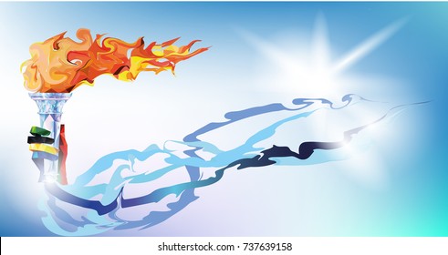 The 2026 Winter Olympics  2026, XXV Olympic Winter Torch, Flame. A hand from the  ribbons holds the Cup with a torch on a blue background in a geometric triangle