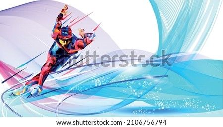 The 2026 Winter Olympics  2026, XXV Olympic Winter  Milano Cortina 2026. The polygonal colourful triangles figure of a young man skier with on a blue background. Vector illustration in a geometric triangle of XXV style Winter games Vector