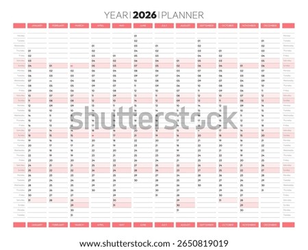 2026 year blank planner calendar for monthly and daily agenda. Red schedule page journal, stationery calendar, organizer, planner template with twelve months