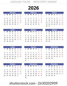 2026 year calendar. Italian language. With 12 months. Printable vector illustration for Italy
