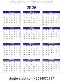 2026 year calendar. Italian language. 12 months. Printable vector illustration for Italy