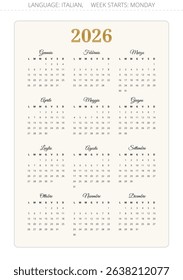 2026 year calendar. Italian language. 12 months. Modern Vector illustration for Italy - Calendario
