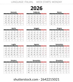 2026 year calendar. Italian language. Vector illustration for Italy - Calendario