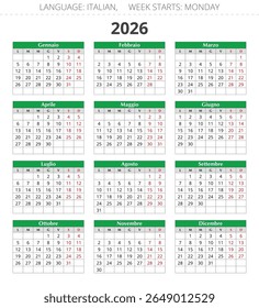 2026 year calendar. Italian language. Vector illustration for Italy - Calendario