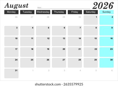 2026 year calendar. month, The week start on monday. EPS file vector.
