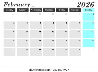 2026 year calendar. month, The week start on monday. EPS file vector.