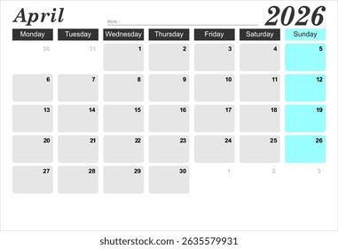 2026 year calendar. month, The week start on monday. EPS file vector.