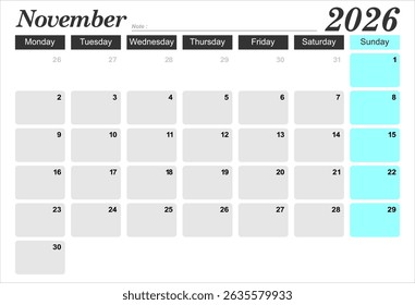 2026 year calendar. month, The week start on monday. EPS file vector.