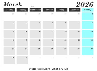 2026 year calendar. month, The week start on monday. EPS file vector.