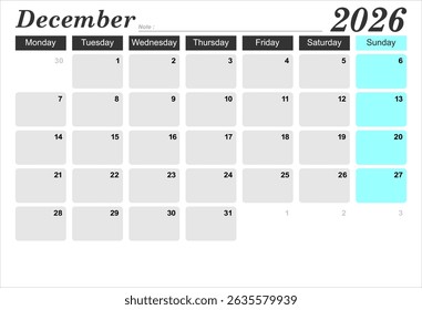 2026 year calendar. month, The week start on monday. EPS file vector.