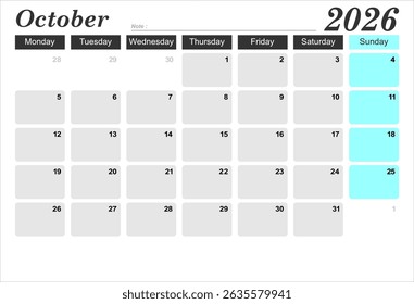 2026 year calendar. month, The week start on monday. EPS file vector.