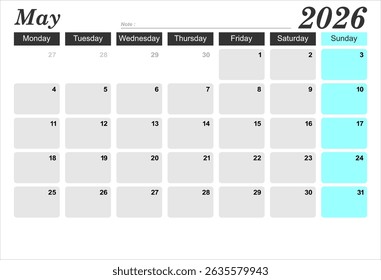 2026 year calendar. month, The week start on monday. EPS file vector.