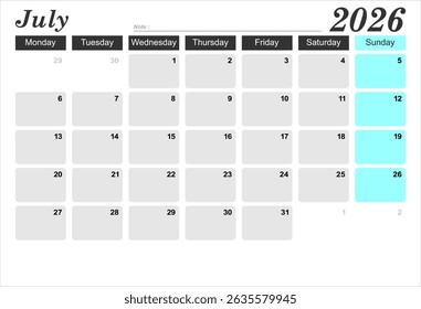 2026 year calendar. month, The week start on monday. EPS file vector.