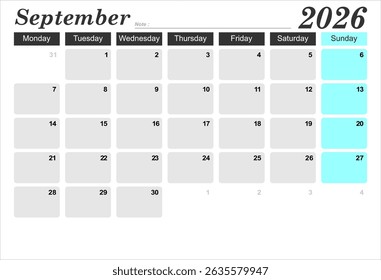 2026 year calendar. month, The week start on monday. EPS file vector.