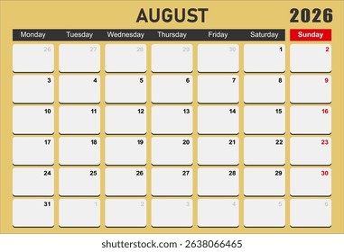 2026 year calendar. month, The week start on monday. EPS file vector.