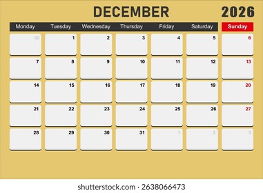 2026 year calendar. month, The week start on monday. EPS file vector.