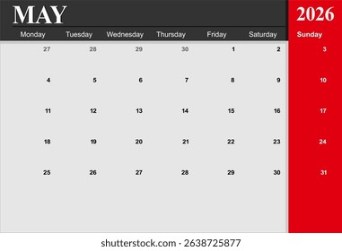2026 year calendar. month, The week start on monday. EPS file vector.