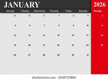 2026 year calendar. month, The week start on monday. EPS file vector.