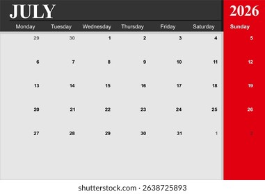2026 year calendar. month, The week start on monday. EPS file vector.